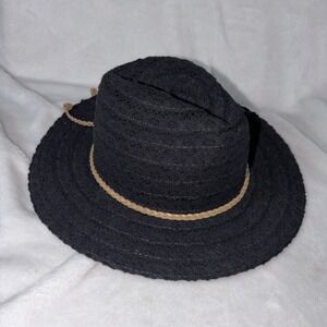 Jane And Berry Black Lace Fedora Sun Hat Boho Crochet Beach Braided Trim Coastal